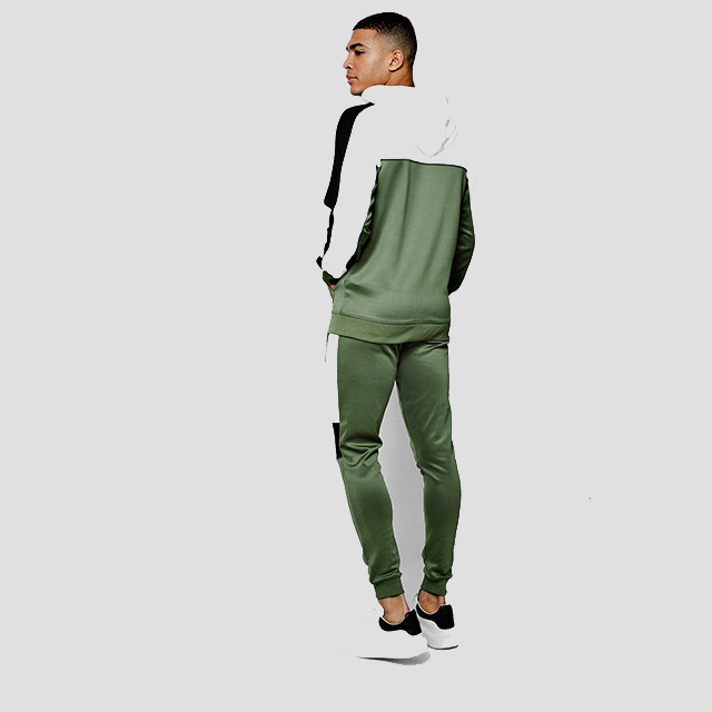 White And Green Paneled Tracksuit Custom Tricot Colour Block Zip Through Hooded Tracksuit Men's Athletic Tracksuit Full Zipper