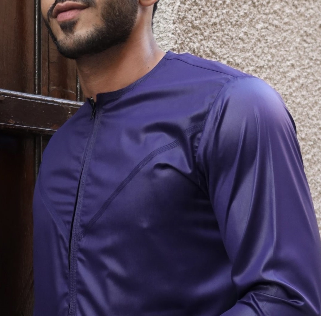 Latest Design Men's Thobe Jubba Jalab Daffah Al Aseel Style Muslim Dress Men purple dyed color block o neck silk made thobe