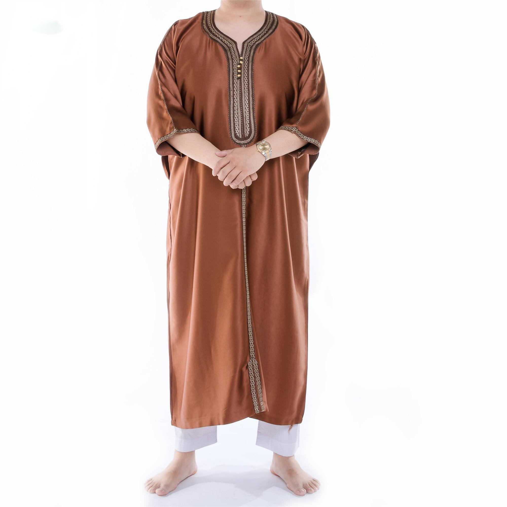 Premium moroccan style custom dyed embroidered Thobe Muslim Men Islamic Clothing thobe Solid contrast Color Arab men's thobe