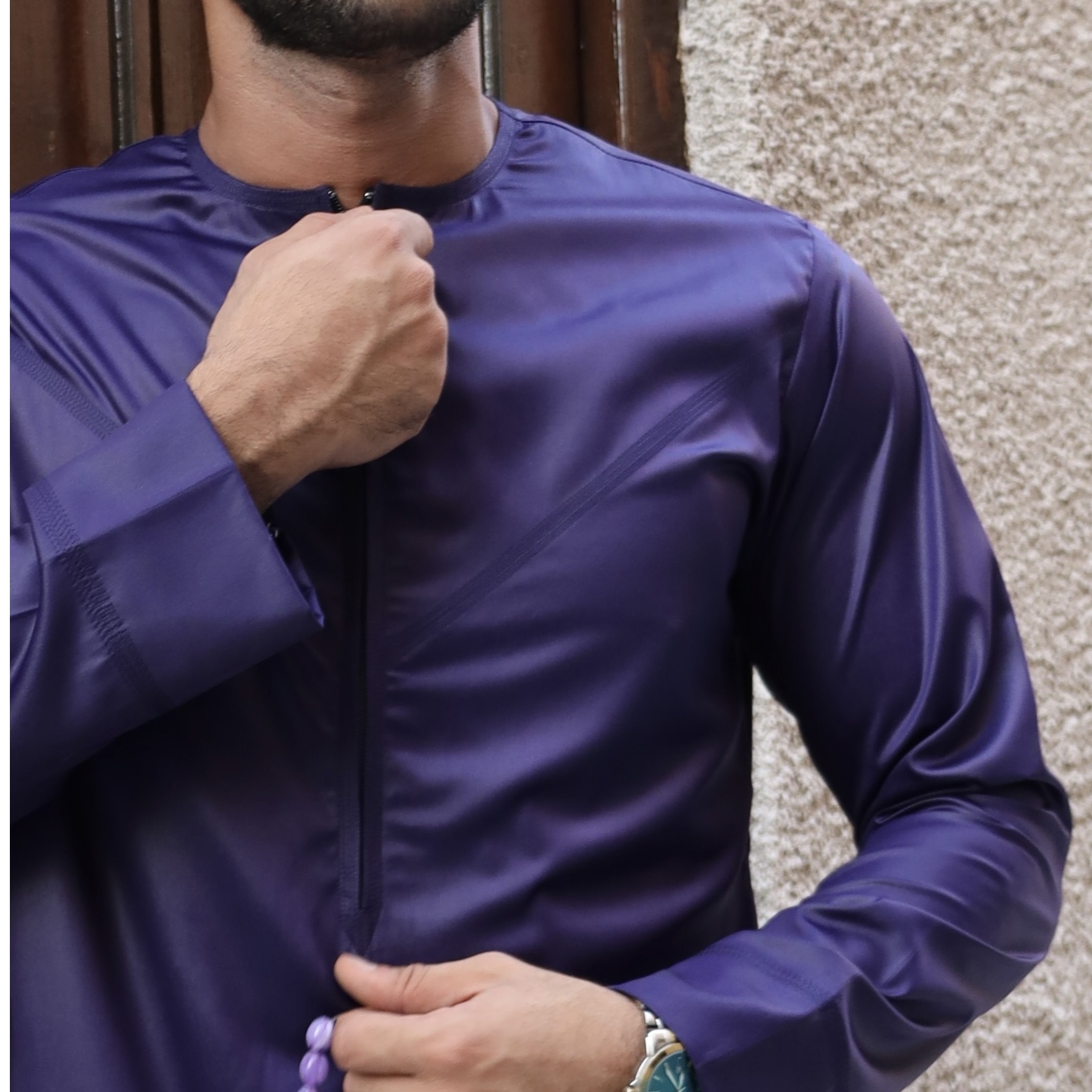 Latest Design Men's Thobe Jubba Jalab Daffah Al Aseel Style Muslim Dress Men purple dyed color block o neck silk made thobe