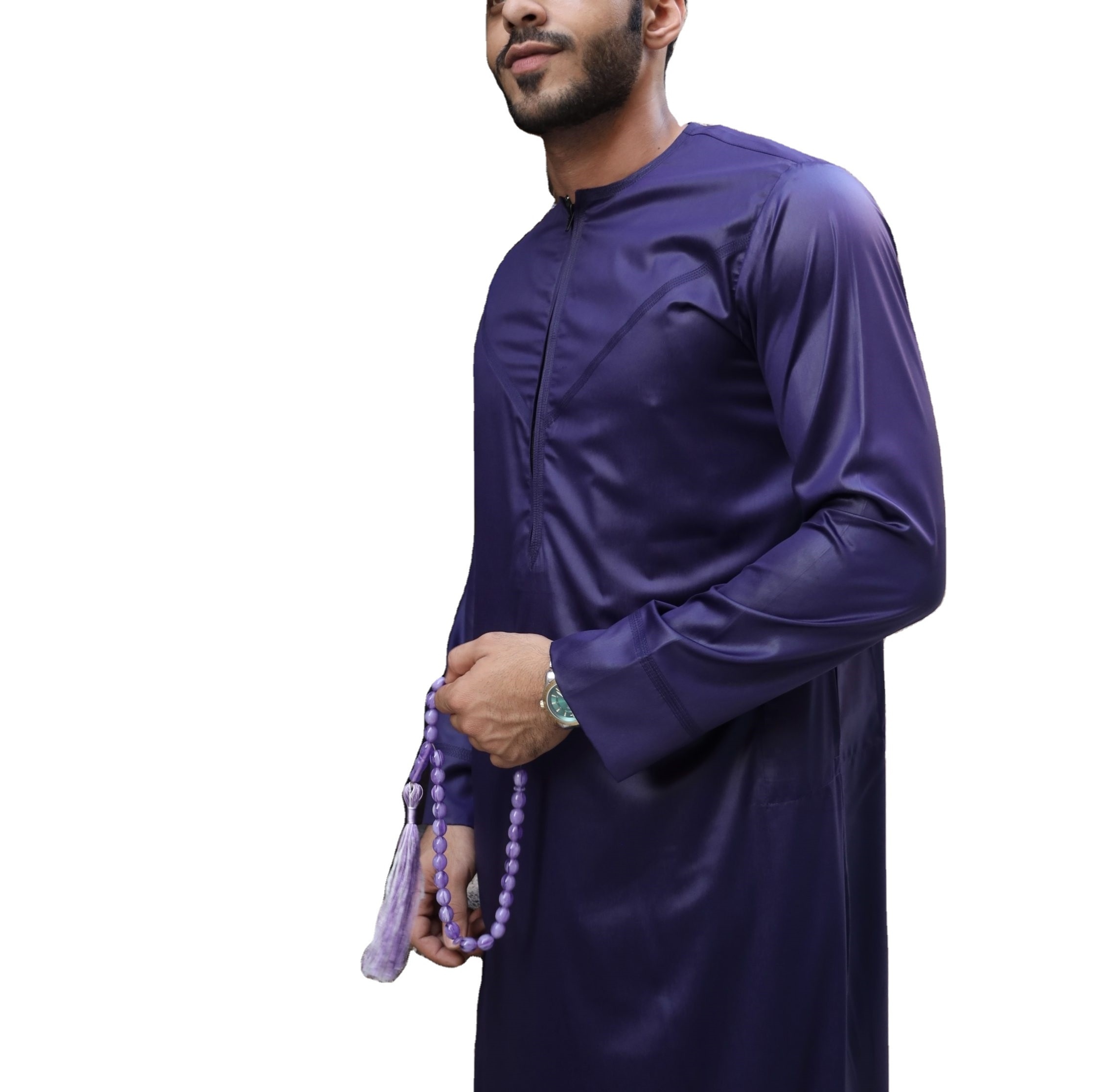 Latest Design Men's Thobe Jubba Jalab Daffah Al Aseel Style Muslim Dress Men purple dyed color block o neck silk made thobe