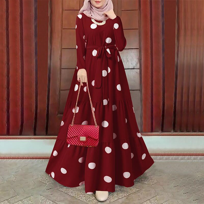 Four Season Women Islamic Clothing Abaya Wholesale Women white dot Arab Kaftan Long Sleeve Maxi Dress Ethnic Islamic Clothing