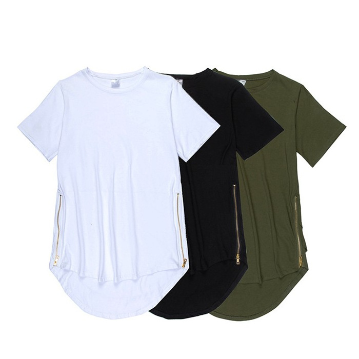 Curved Hem T Shirt Wholesale elongated T shirt Men's Scoop Bottom Round Neck Longline T shirt side zipper back plated