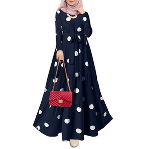 Four Season Women Islamic Clothing Abaya Wholesale Women white dot Arab Kaftan Long Sleeve Maxi Dress Ethnic Islamic Clothing