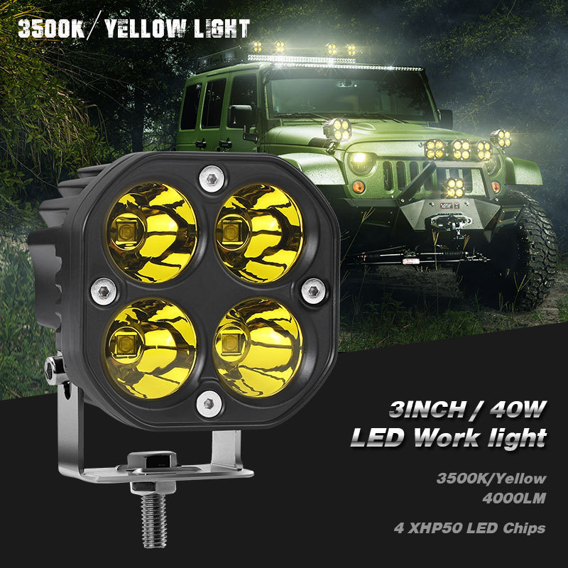 AlcantaLED 3 Inch 40W LED Work Light Bar Yellow Fog Light Motorcycle Driving Light Off-Road Tractors White Square Spotlight