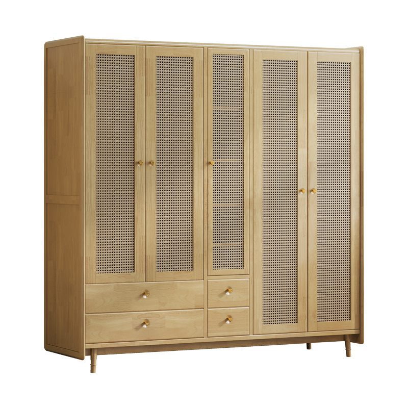 Nordic rattan solid wood wardrobe small Japanese wardrobe four seasons simple storage home bedroom combination cabinet