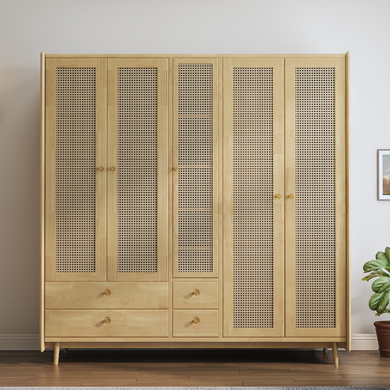 Nordic rattan solid wood wardrobe small Japanese wardrobe four seasons simple storage home bedroom combination cabinet