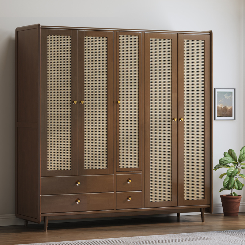 Nordic rattan solid wood wardrobe small Japanese wardrobe four seasons simple storage home bedroom combination cabinet