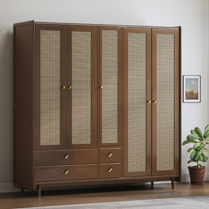 Nordic rattan solid wood wardrobe small Japanese wardrobe four seasons simple storage home bedroom combination cabinet