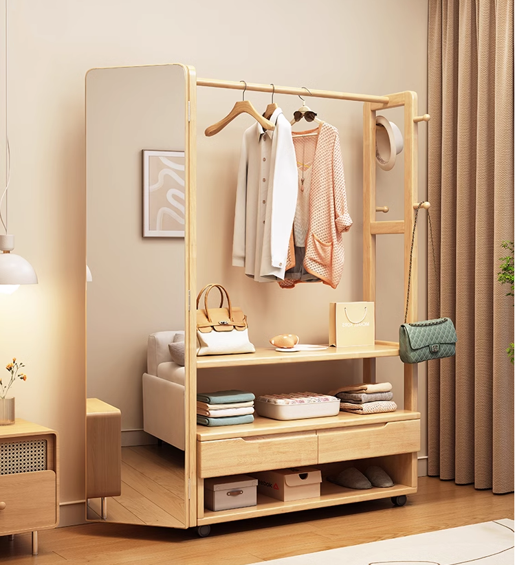 Solid wood cloak rack wearing clothes mirror shoe cabinet, one -floor bedroom home multi -function hanging hanger storage shelf