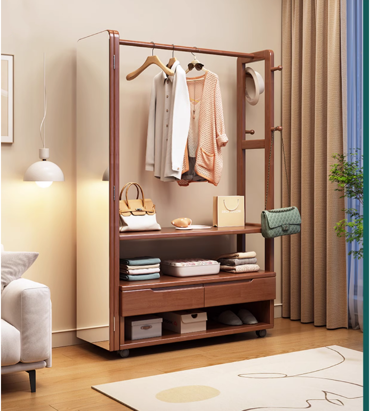 Solid wood cloak rack wearing clothes mirror shoe cabinet, one -floor bedroom home multi -function hanging hanger storage shelf