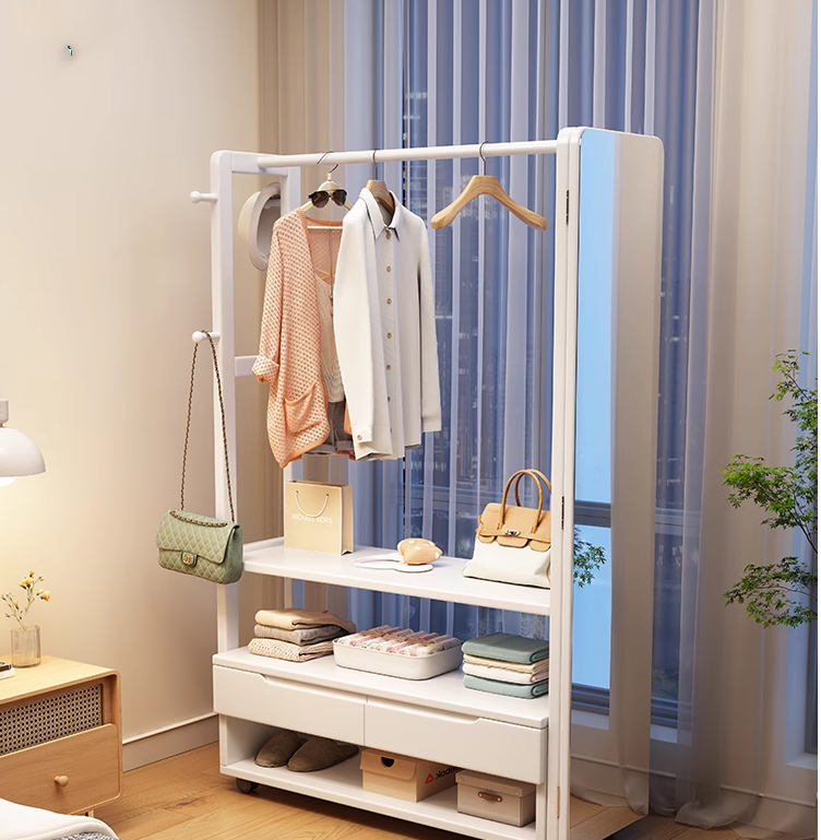 Solid wood cloak rack wearing clothes mirror shoe cabinet, one -floor bedroom home multi -function hanging hanger storage shelf