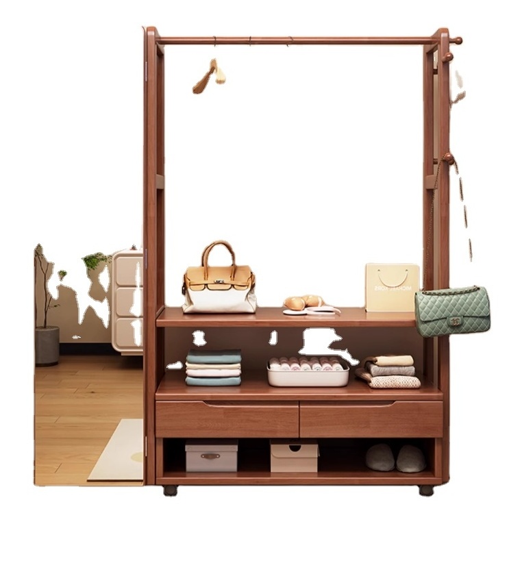 Solid wood cloak rack wearing clothes mirror shoe cabinet, one -floor bedroom home multi -function hanging hanger storage shelf