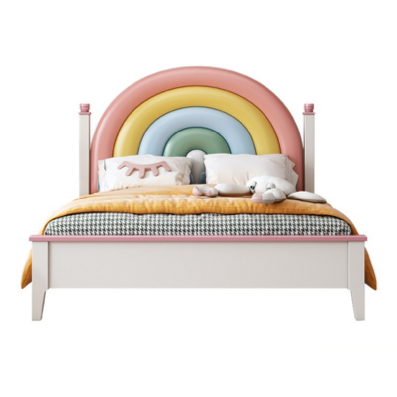 Children's bed girl princess solid wood bed pink rainbow soft bag large teen single children's bed