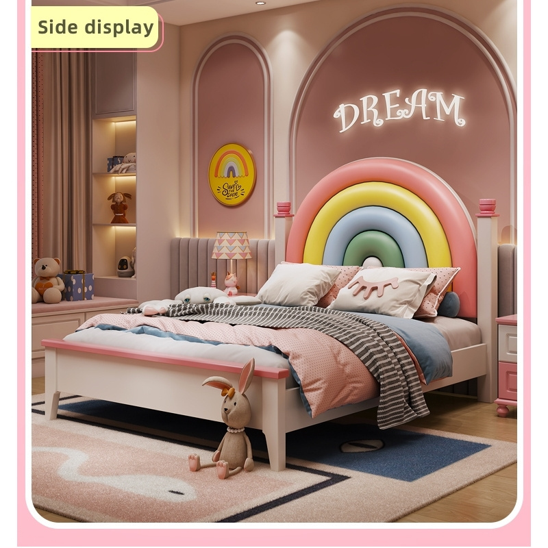 Children's bed girl princess solid wood bed pink rainbow soft bag large teen single children's bed