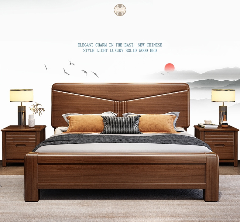 Walnut solid wood bed king size double new Chinese wedding bed modern minimalist bedroom furniture storage king bed