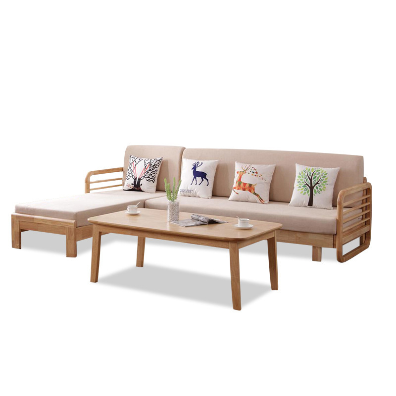 Modern Living Room Furniture Nordic Solid Wood Sofa Fabric simple wooden frame Hotel customized transformer sofa beds