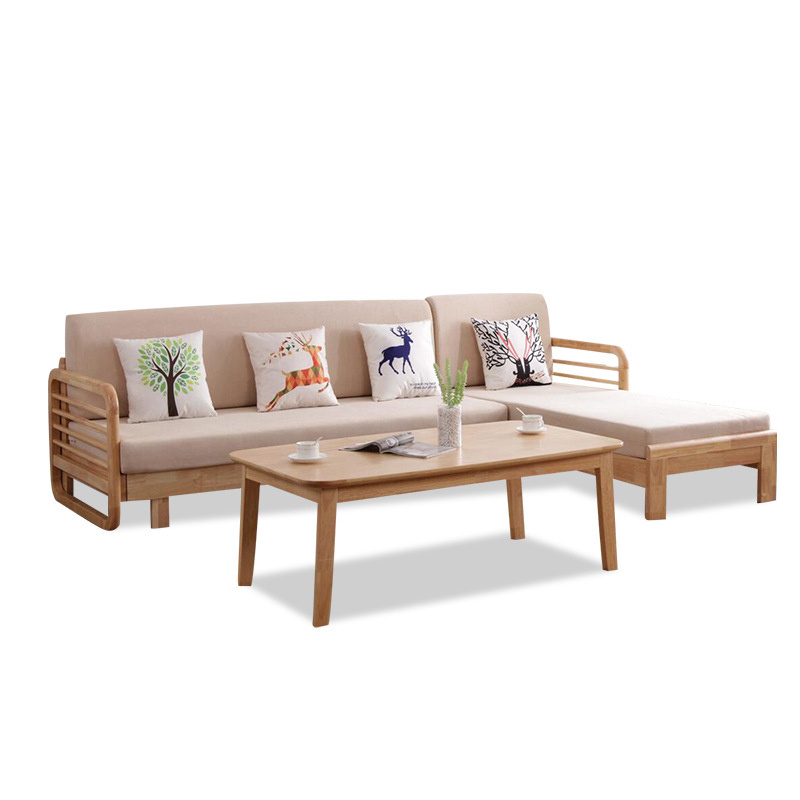 Modern Living Room Furniture Nordic Solid Wood Sofa Fabric simple wooden frame Hotel customized transformer sofa beds