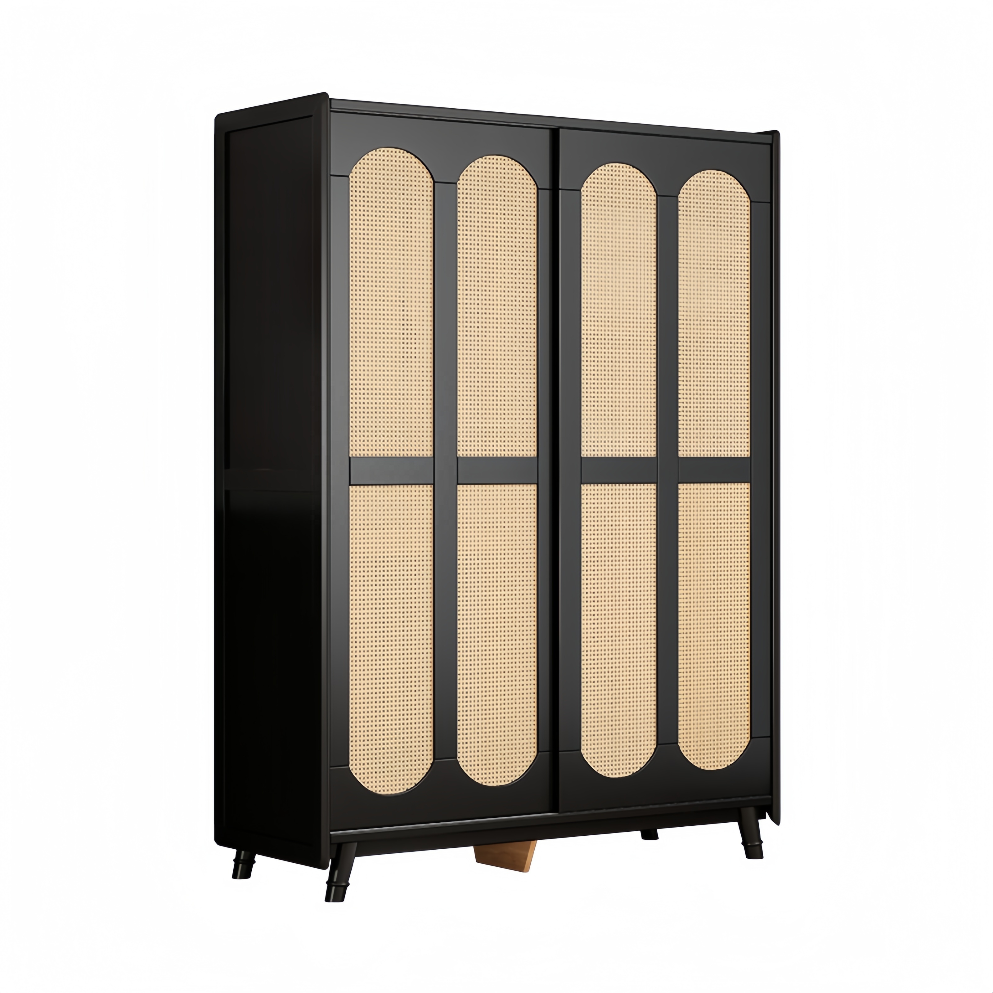 Retro bedroom rattan wardrobe for home sliding door design wooden wardrobe two door black solid wood clothes closet