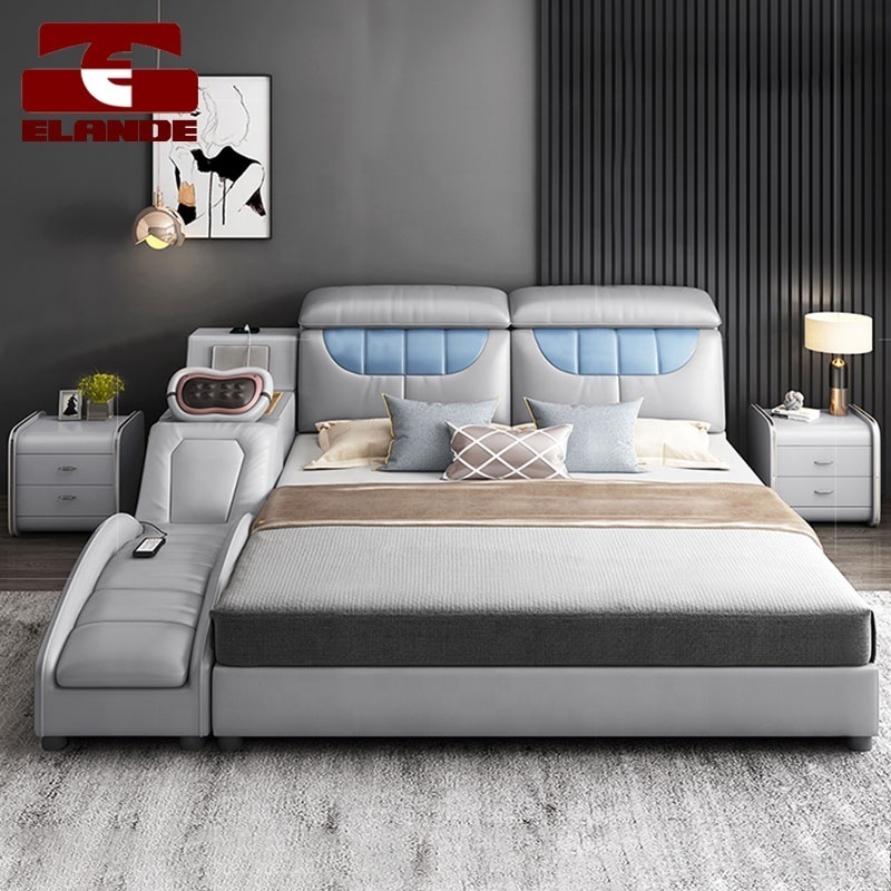 Smart massage leather beds modern minimalist tatami double wedding bed master bedroom multi-function big bed custom furniture