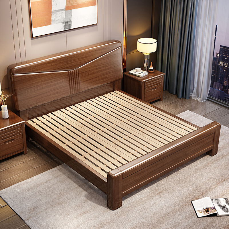 Walnut solid wood bed king size double new Chinese wedding bed modern minimalist bedroom furniture storage king bed