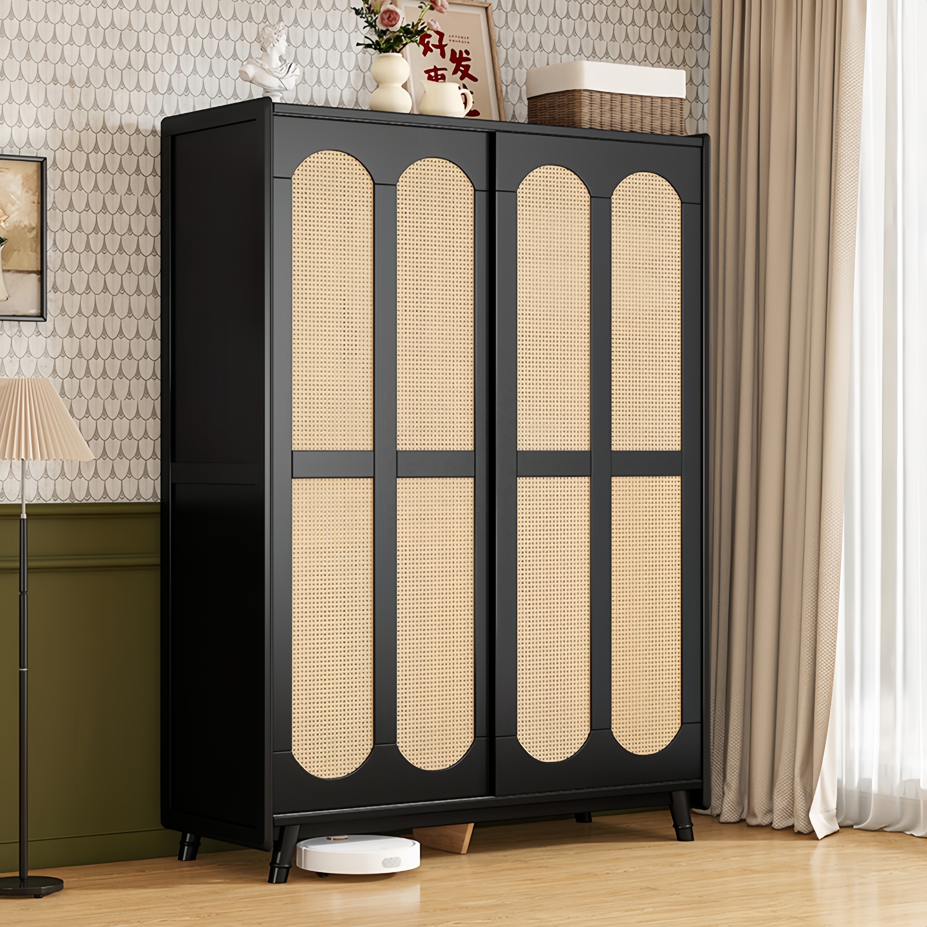 Retro bedroom rattan wardrobe for home sliding door design wooden wardrobe two door black solid wood clothes closet