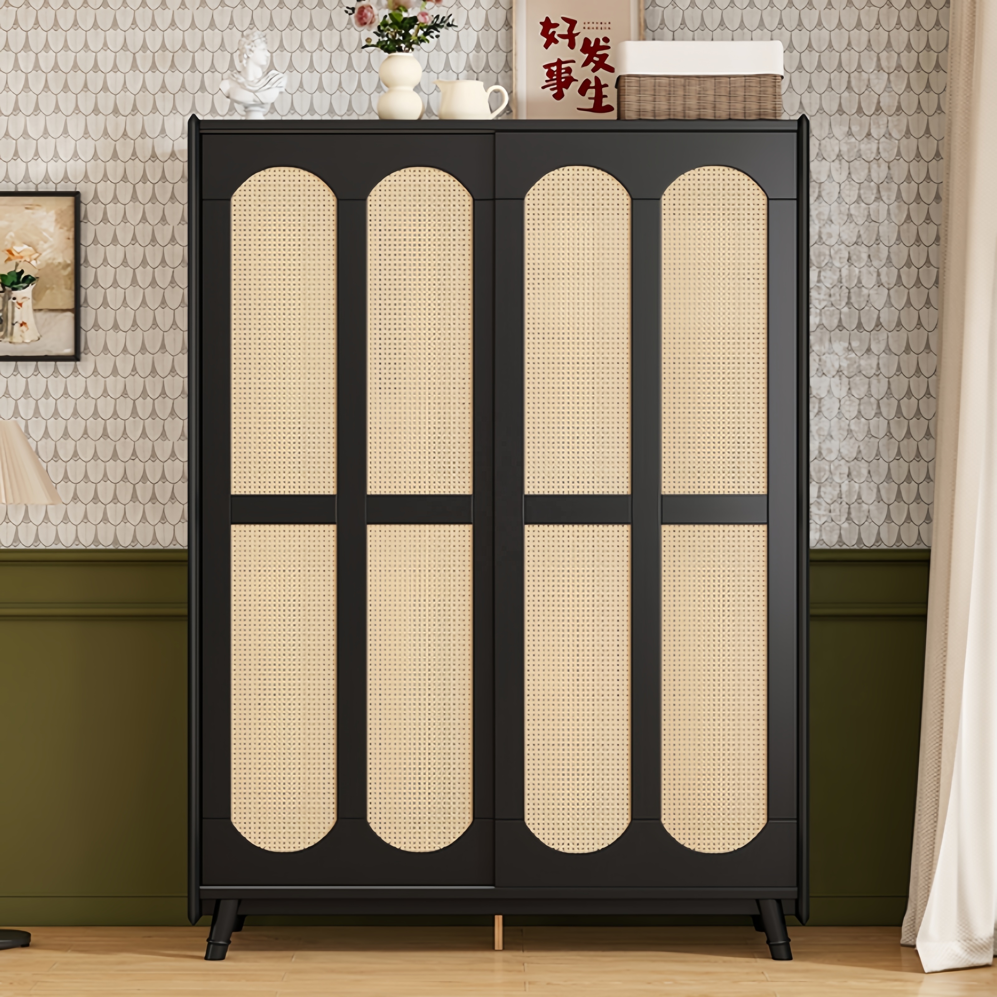 Retro bedroom rattan wardrobe for home sliding door design wooden wardrobe two door black solid wood clothes closet