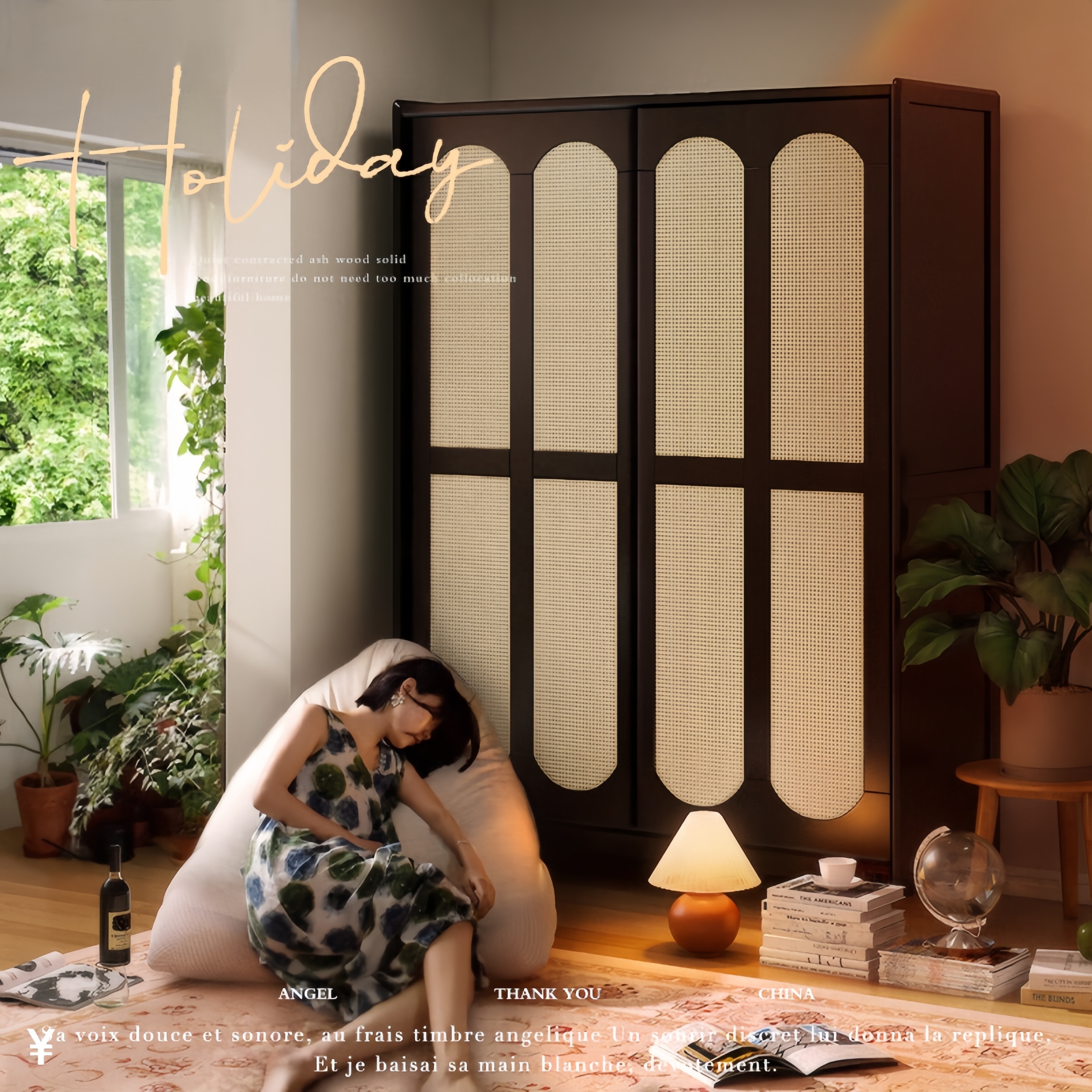 Retro bedroom rattan wardrobe for home sliding door design wooden wardrobe two door black solid wood clothes closet