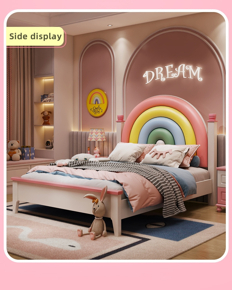 Children's bed girl princess solid wood bed pink rainbow soft bag large teen single children's bed