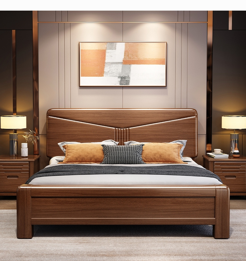 Walnut solid wood bed king size double new Chinese wedding bed modern minimalist bedroom furniture storage king bed