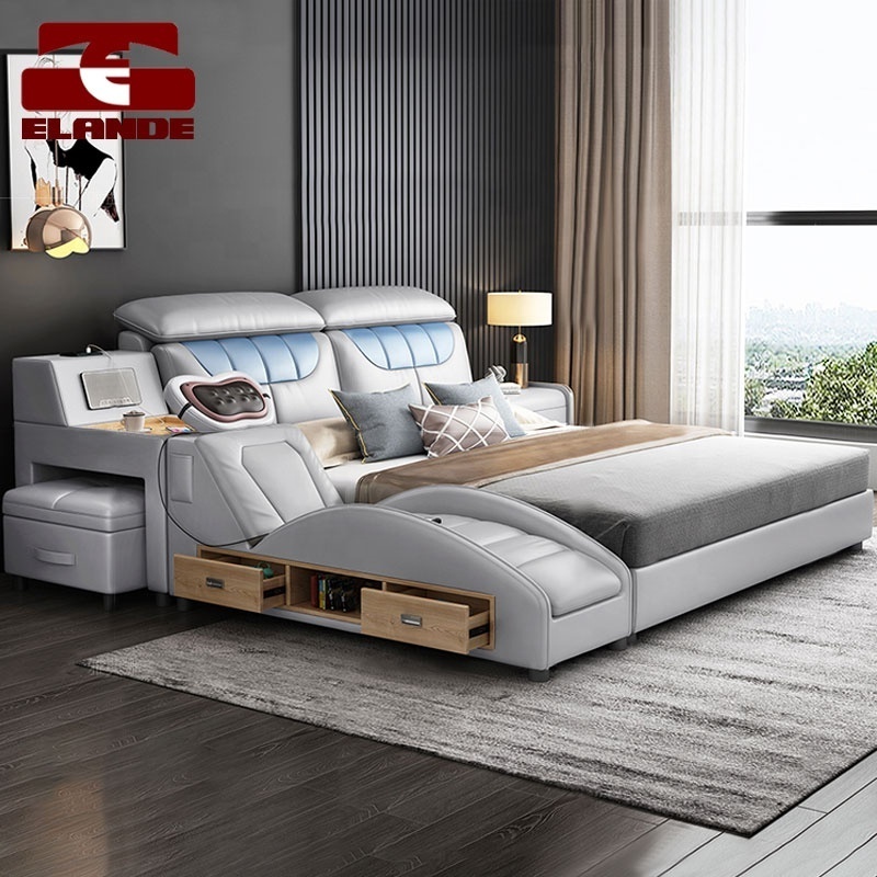 Smart massage leather beds modern minimalist tatami double wedding bed master bedroom multi-function big bed custom furniture