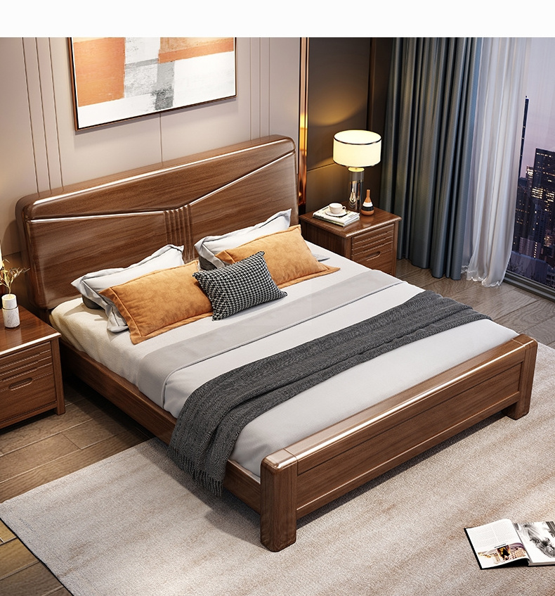 Walnut solid wood bed king size double new Chinese wedding bed modern minimalist bedroom furniture storage king bed