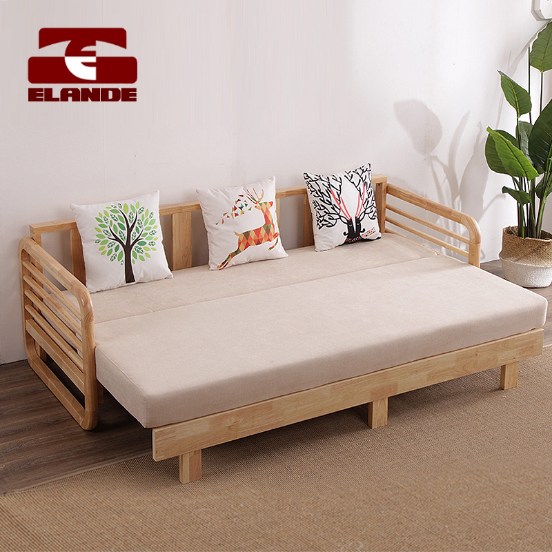 Modern Living Room Furniture Nordic Solid Wood Sofa Fabric simple wooden frame Hotel customized transformer sofa beds