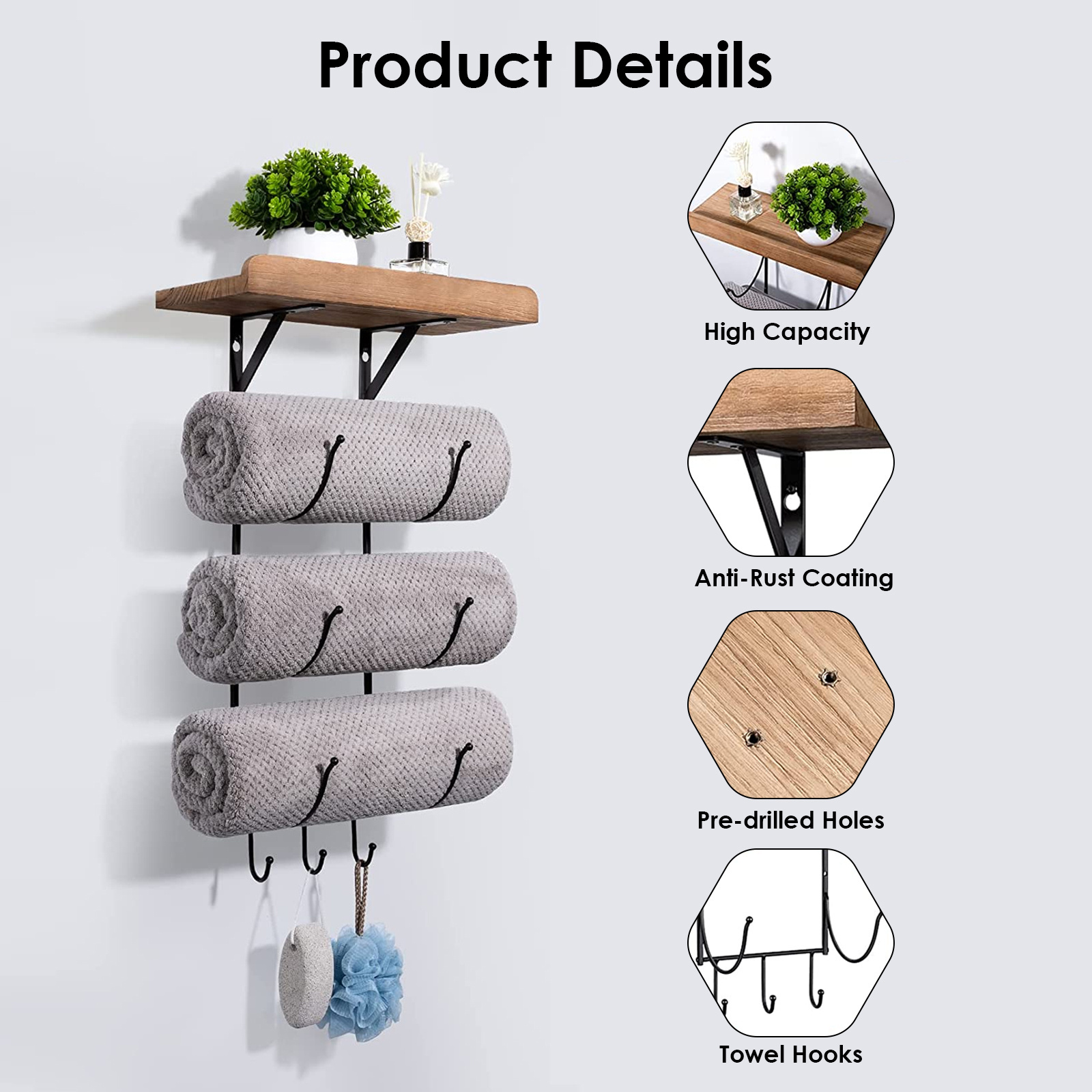 Towel Rack Wall Mounted for Bathroom, Metal Bath Towel Holder Storage Hand Towels  Wood Shelf and 3 Hooks for Small Bathroom Org