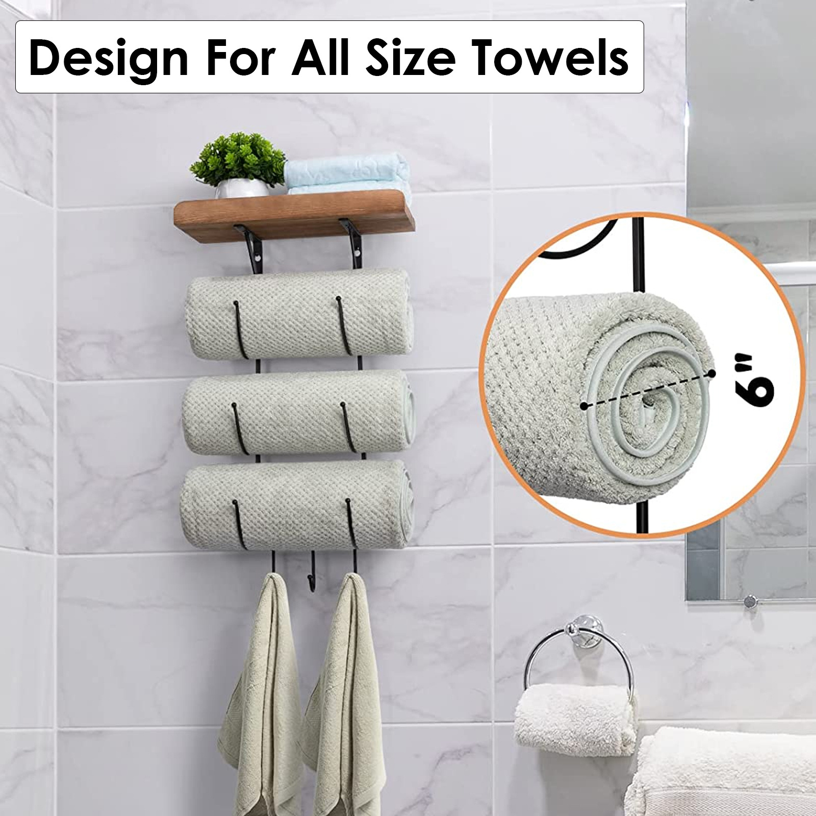 Towel Rack Wall Mounted for Bathroom, Metal Bath Towel Holder Storage Hand Towels  Wood Shelf and 3 Hooks for Small Bathroom Org