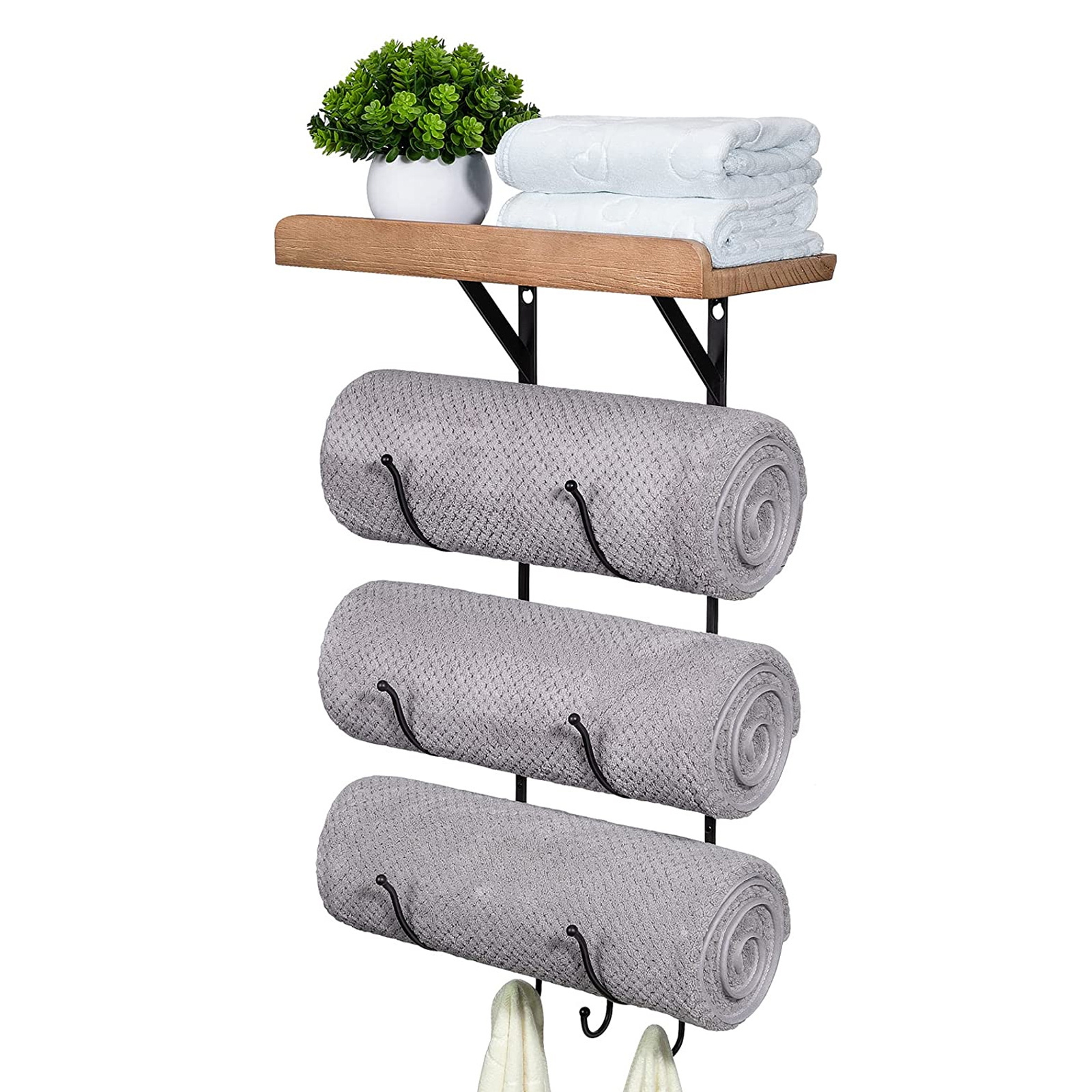 Towel Rack Wall Mounted for Bathroom, Metal Bath Towel Holder Storage Hand Towels  Wood Shelf and 3 Hooks for Small Bathroom Org