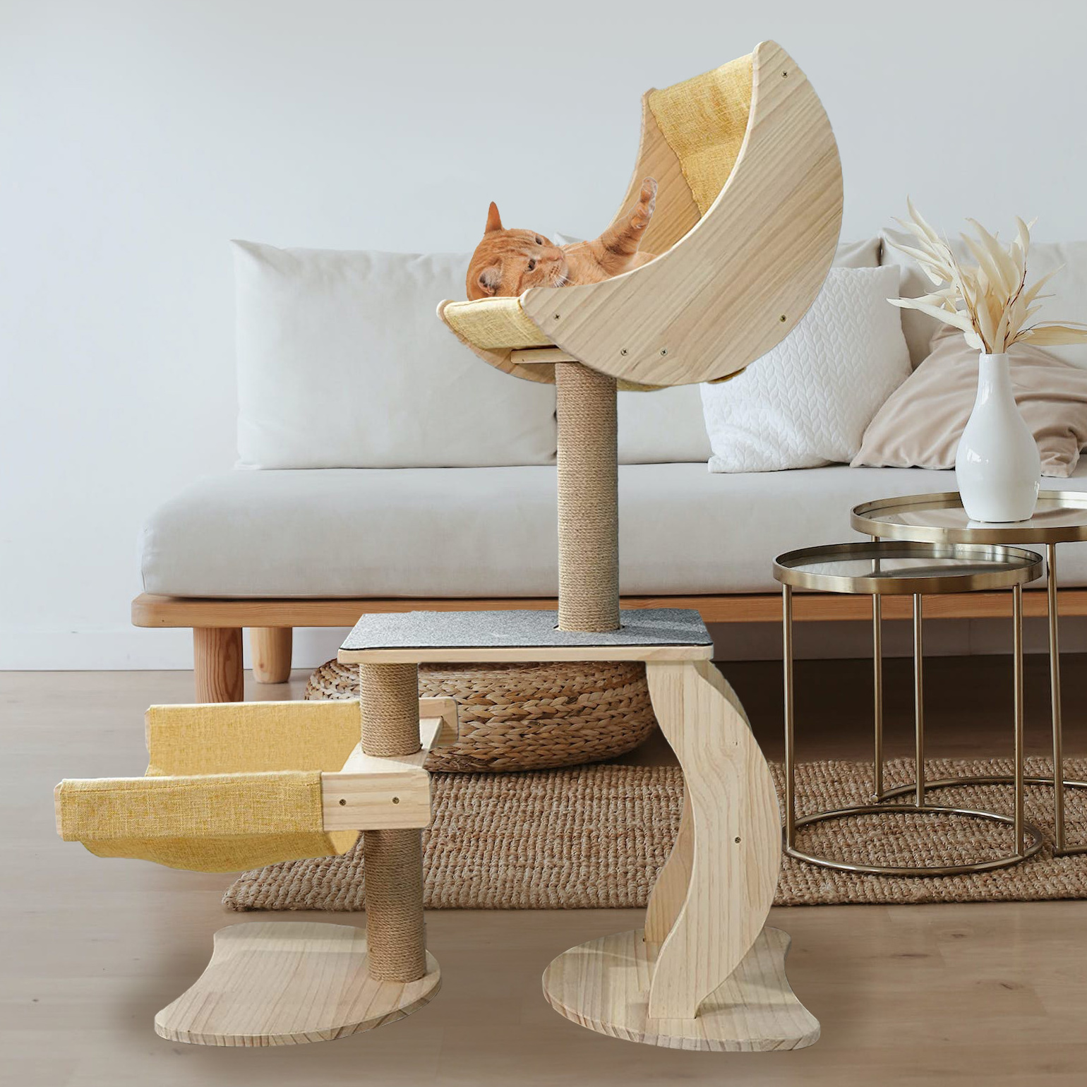 Multi-Level Pet Climbing Scratcher Cat Scratching Tree With Sisal Scratching Posts Houses With Moon Cat Bed Hammock