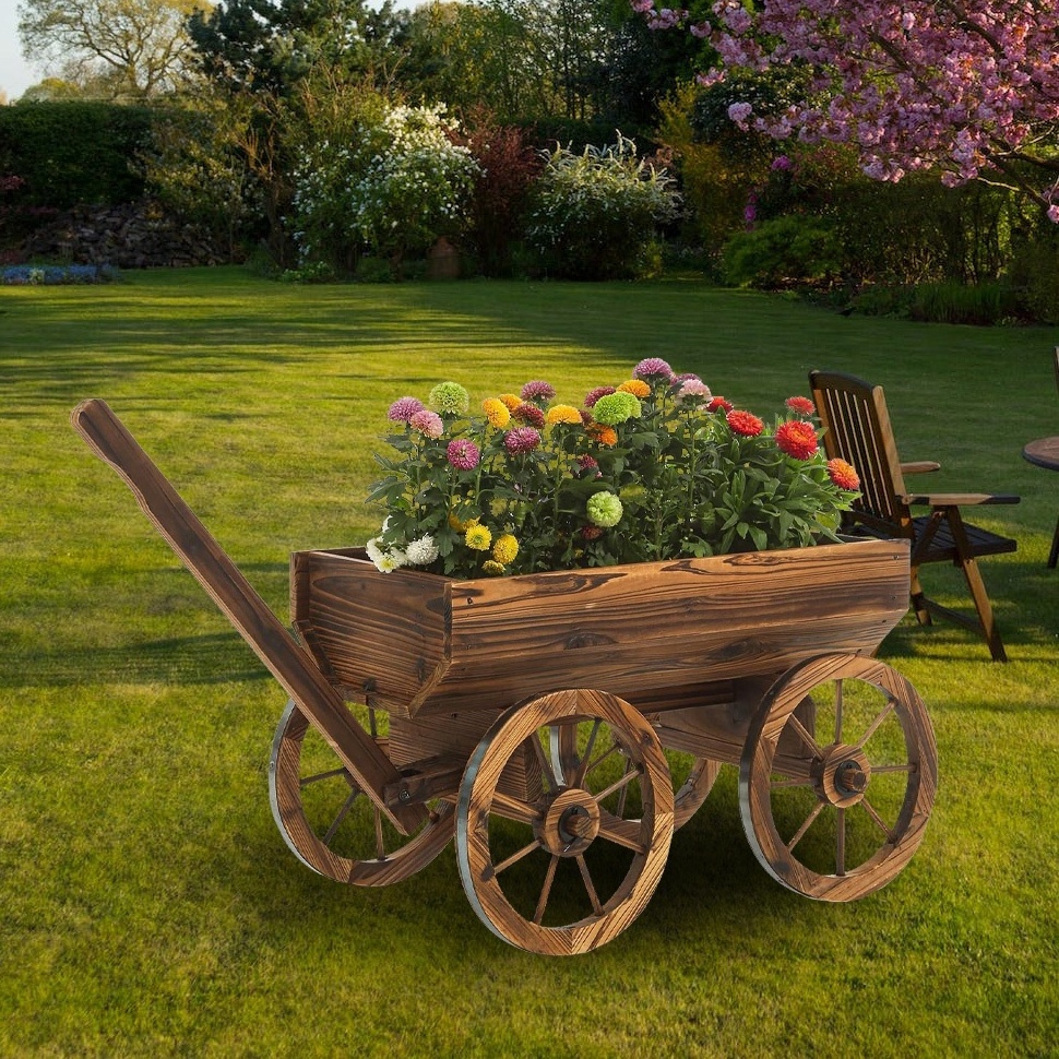 New Design Wood Flower Planter Station Garden Wagon Decor with Wheels Raised Garden Bed Planter Box For Outdoor Backyard Balcony