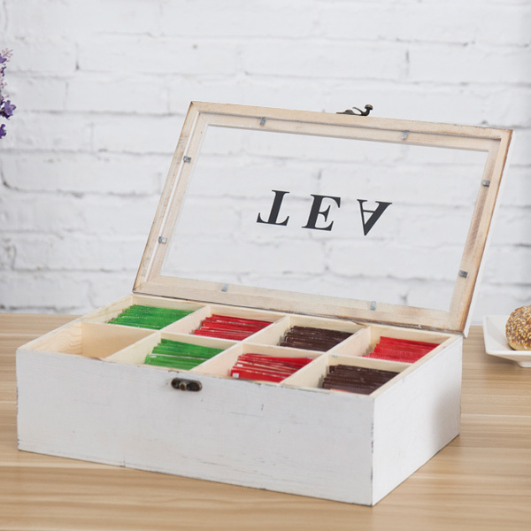 Vintage Wood Tea Bag Storage Chest Box With 8 Compartments Tea Bags And Condiments Packet Holder with Lid And Latch