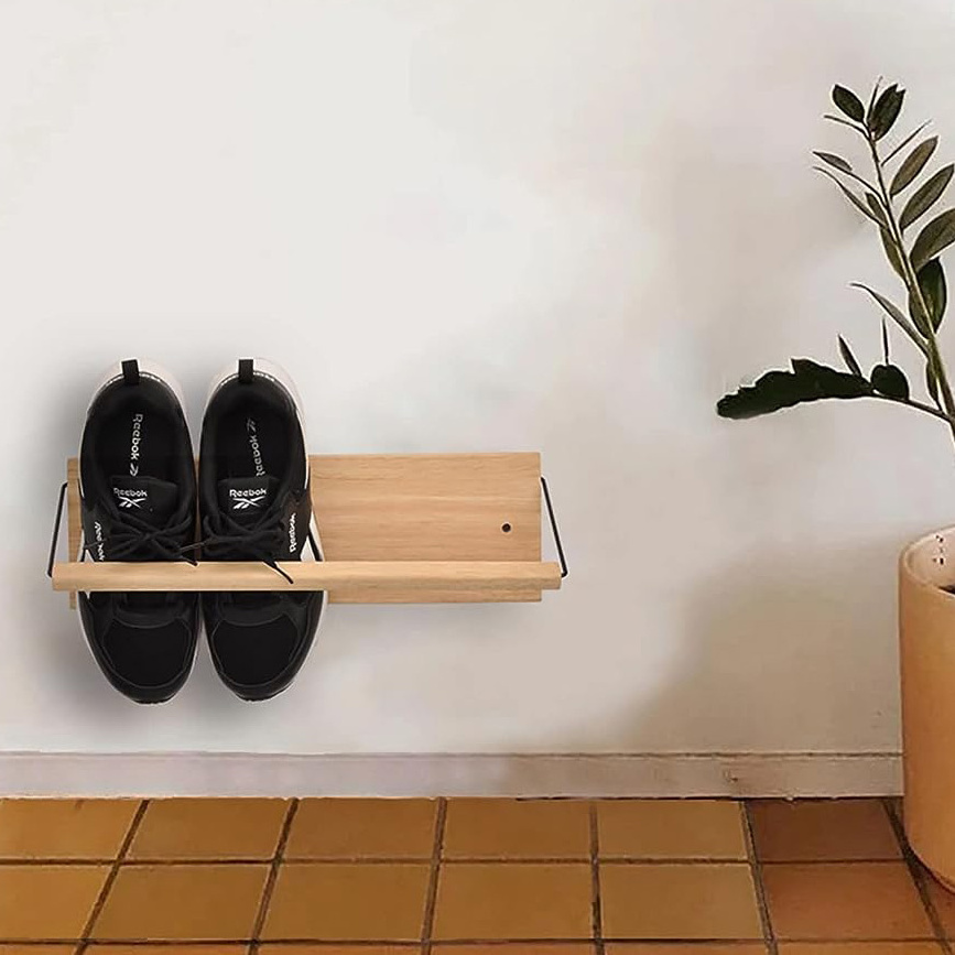 Rustic Wood Wall Mounted Hanging Shoes Rack With Dowel Shoe Storage Holder Display Shelf For Livingroom Hallway