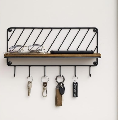 Rustic Wall Mounted Floating Entryway Key Holder Organizer Black Metal Rack with Solid Burnt Wood Display Shelf For Home