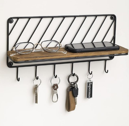 Rustic Wall Mounted Floating Entryway Key Holder Organizer Black Metal Rack with Solid Burnt Wood Display Shelf For Home