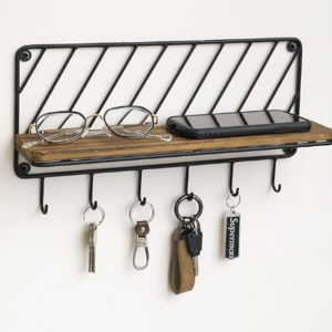 Rustic Wall Mounted Floating Entryway Key Holder Organizer Black Metal Rack with Solid Burnt Wood Display Shelf For Home