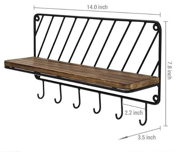 Rustic Wall Mounted Floating Entryway Key Holder Organizer Black Metal Rack with Solid Burnt Wood Display Shelf For Home