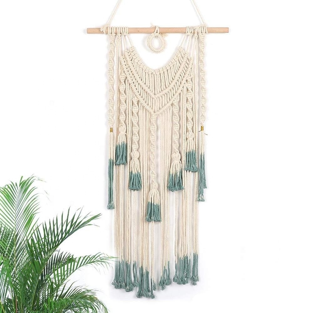 Macrame Wall Hanging Green and Beige Woven Tapestry Boho Chic Tassels Pendant Hippie Bohemian Wall Art Home Decor