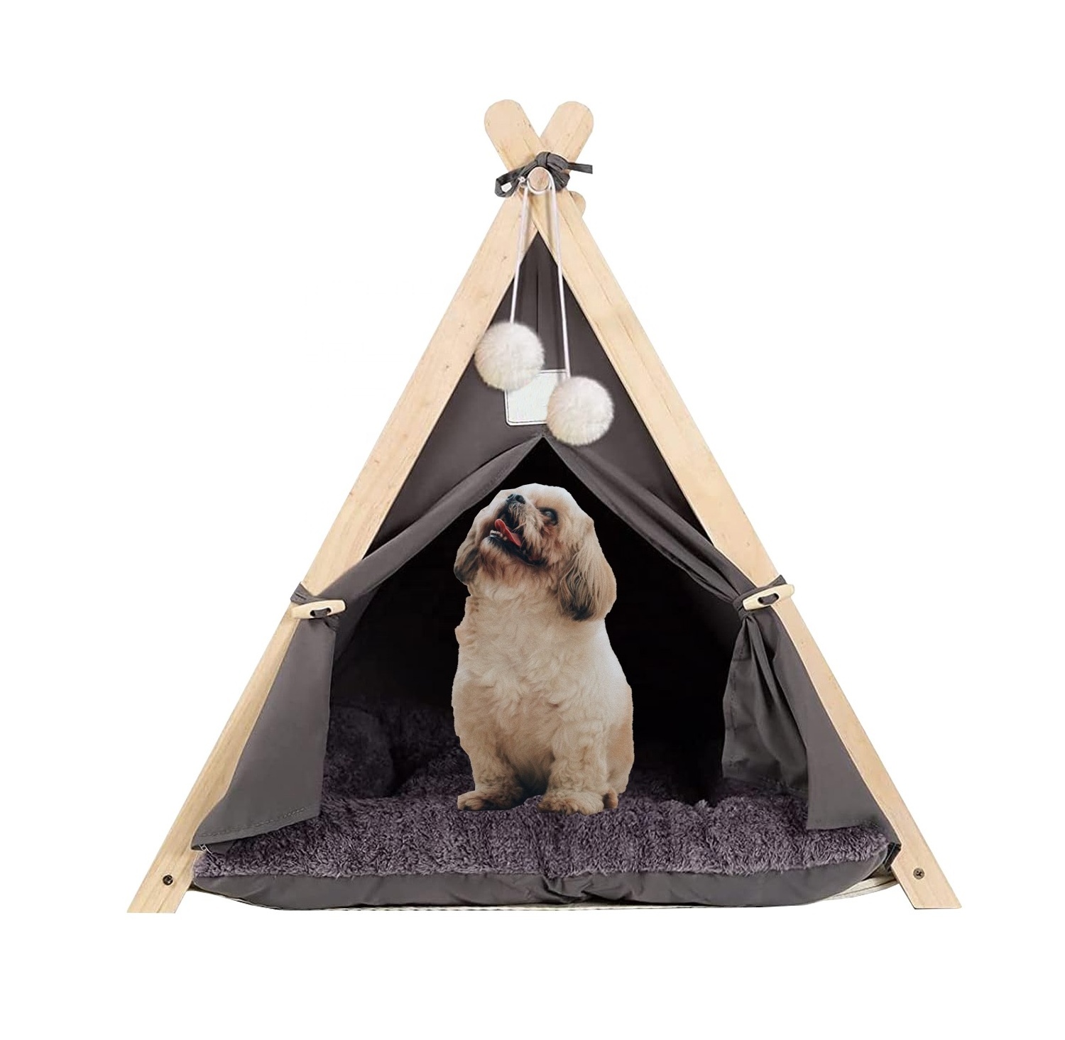 Wood Pet Teepee Tent Bed Foldable Detachable Washable Tent For Small Cat And Dog  Indoor Outdoor