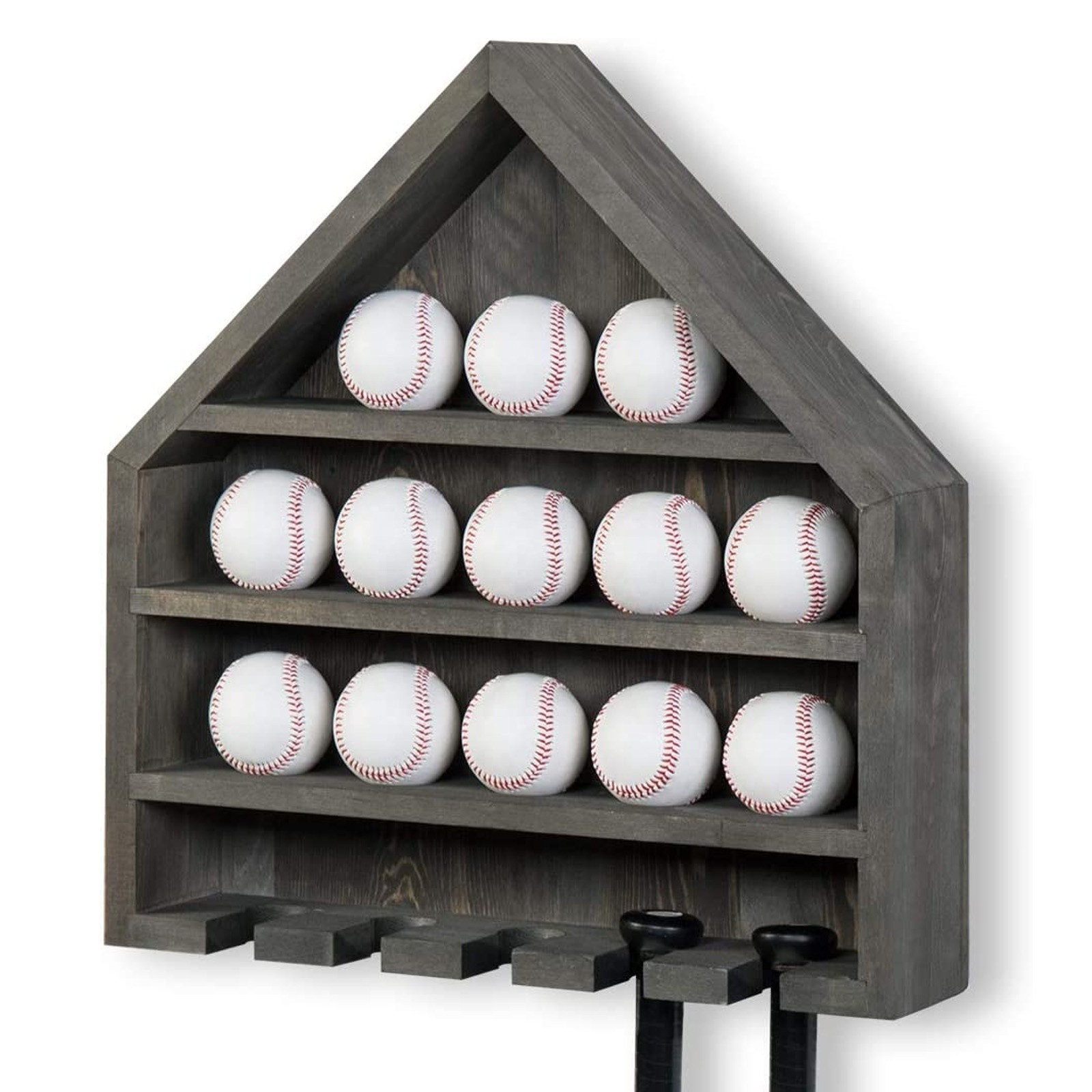 Wood Crafts Home Plate-Shaped Wall Mounted Hanging Baseball and Bat Storage Display Case Shelf Rack