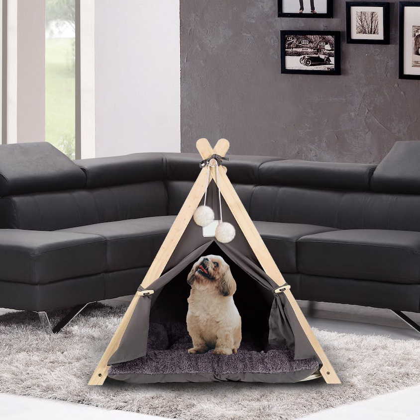 Wood Pet Teepee Tent Bed Foldable Detachable Washable Tent For Small Cat And Dog  Indoor Outdoor