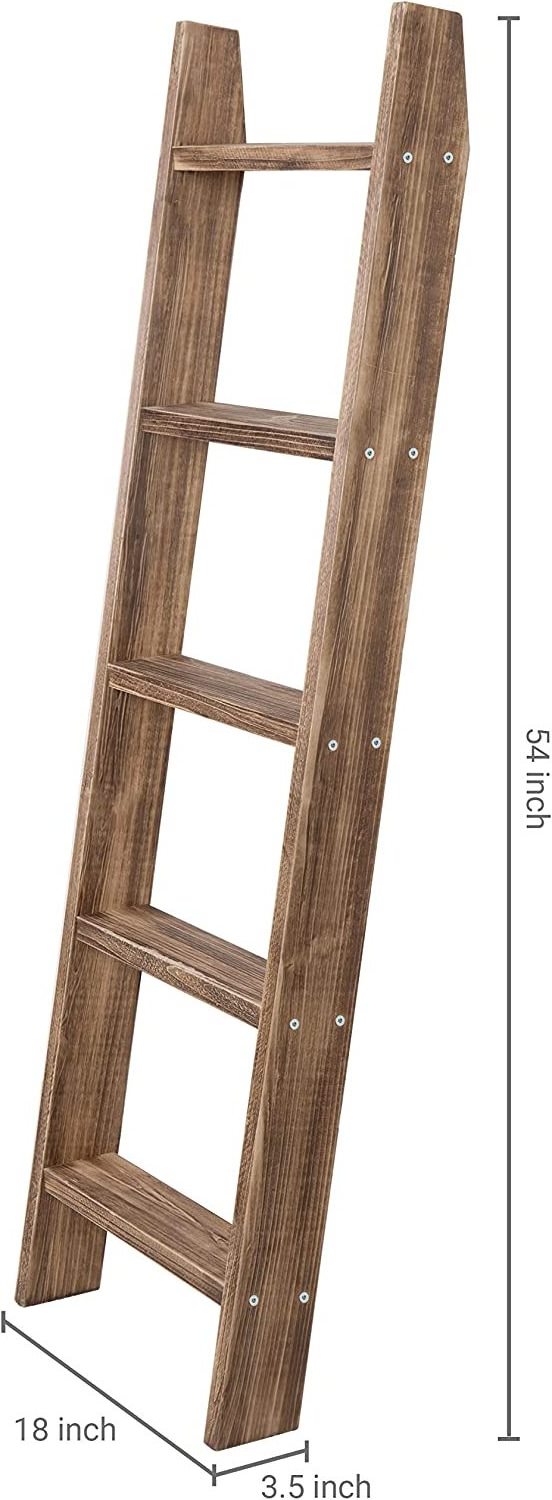 Wholesale Rustic Brown Wood Blanket Ladder Farmhouse Shelf, Wall Leaning Towel Rack with 5 Rungs