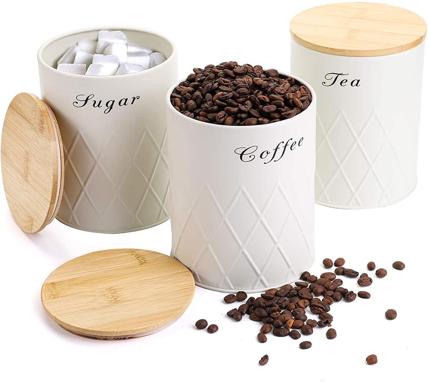 3 Pack Kitchen Canister Set, Coffee, Sugar, and Tea Storage Container Jars with Bamboo Lids for storing Sugar, Coffee and Tea,